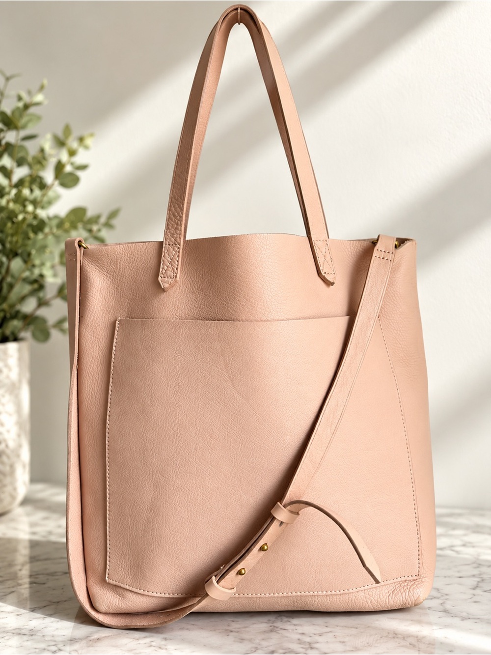 Madewell Blush Pink Leather Tote with Front Pocket